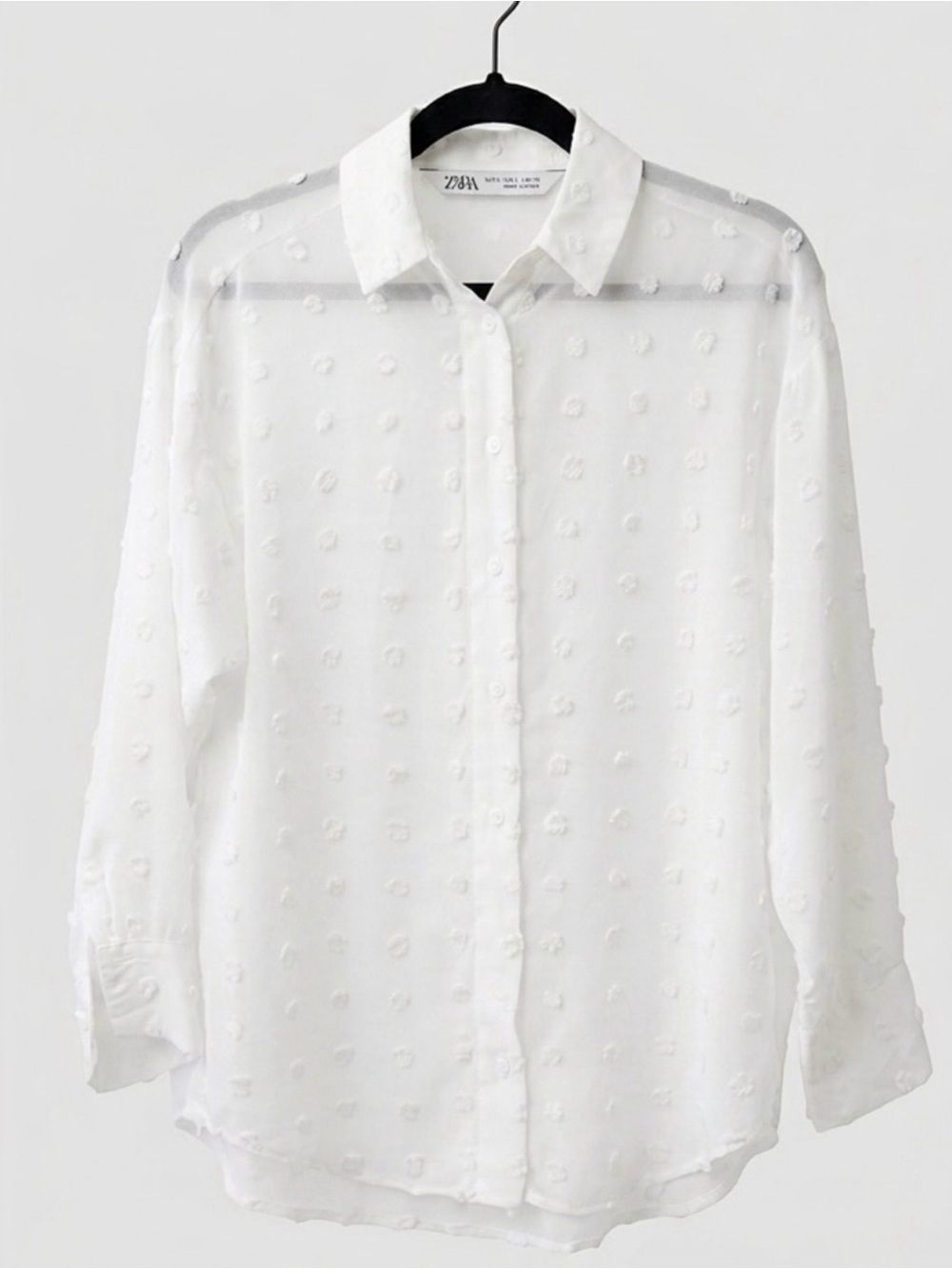 ZARA Cream Off White Sheer Pom Polka Dot Texture Romantic Button Front Blouse
